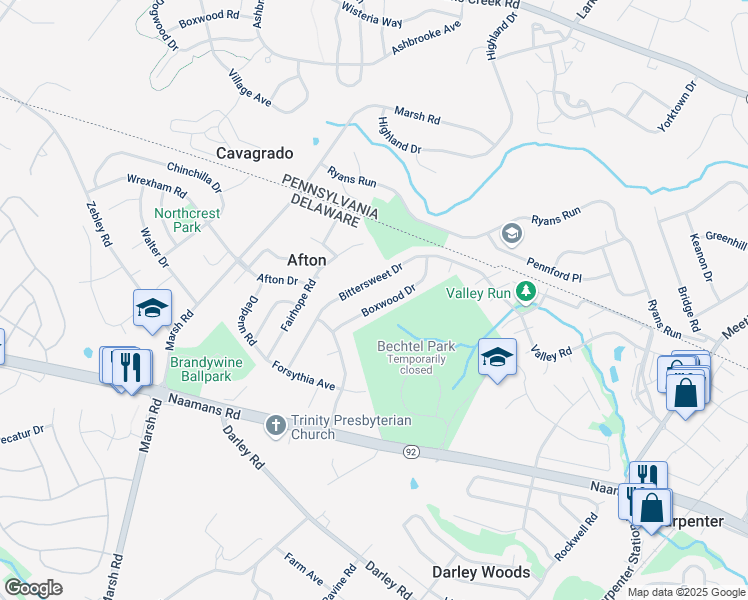 map of restaurants, bars, coffee shops, grocery stores, and more near 2634 Bittersweet Drive in Wilmington