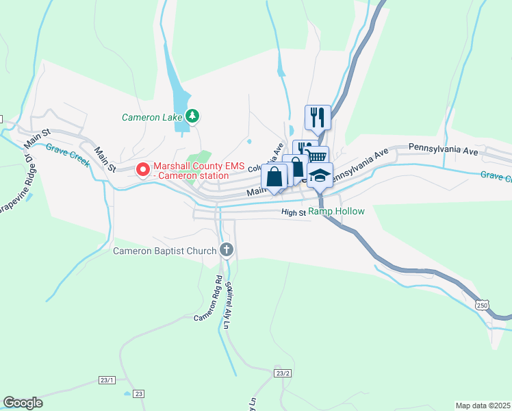 map of restaurants, bars, coffee shops, grocery stores, and more near 99 Main St in Cameron