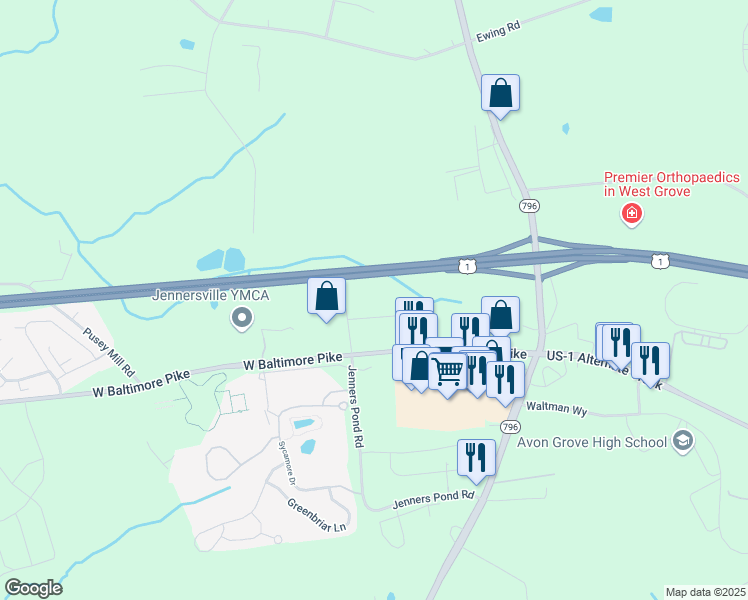 map of restaurants, bars, coffee shops, grocery stores, and more near 33 Federal Boulevard in West Grove