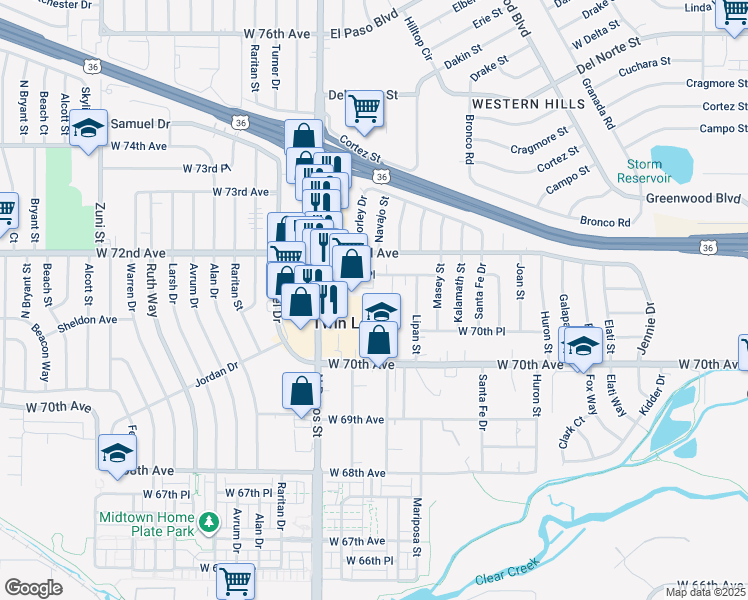 map of restaurants, bars, coffee shops, grocery stores, and more near 7125 Mariposa Street in Denver