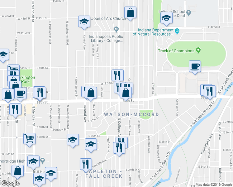 map of restaurants, bars, coffee shops, grocery stores, and more near 3820 North College Avenue in Indianapolis