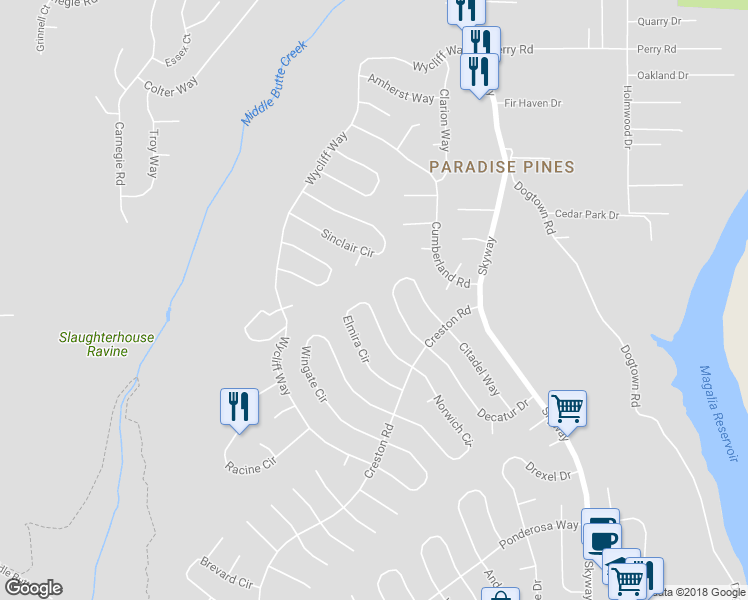 map of restaurants, bars, coffee shops, grocery stores, and more near 14189 Elmira Circle in Magalia