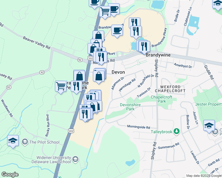 map of restaurants, bars, coffee shops, grocery stores, and more near 3347 Altamont Drive in Wilmington