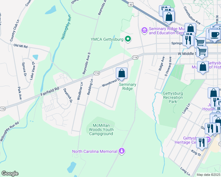 map of restaurants, bars, coffee shops, grocery stores, and more near 20 Cumberland Drive in Gettysburg