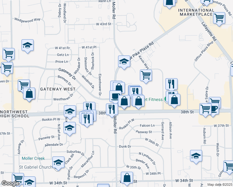 map of restaurants, bars, coffee shops, grocery stores, and more near 3905 Moller Road in Indianapolis