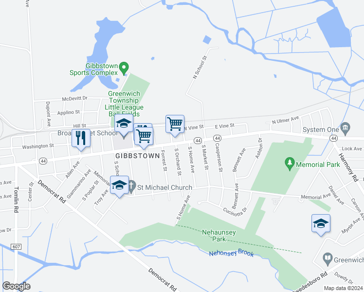 map of restaurants, bars, coffee shops, grocery stores, and more near 52 West Broad Street in Greenwich Township