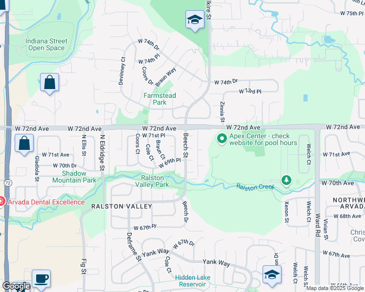 map of restaurants, bars, coffee shops, grocery stores, and more near 7141 Beech Street in Arvada