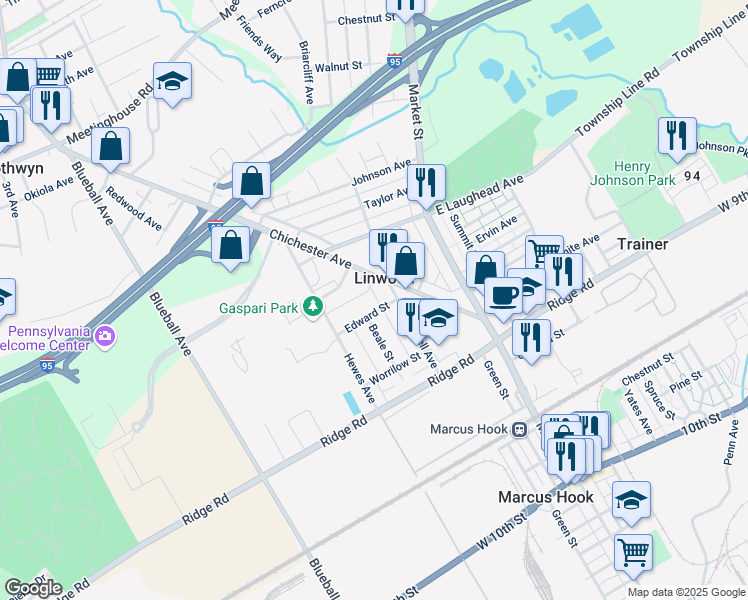 map of restaurants, bars, coffee shops, grocery stores, and more near 1574 Cooper Drive in Linwood