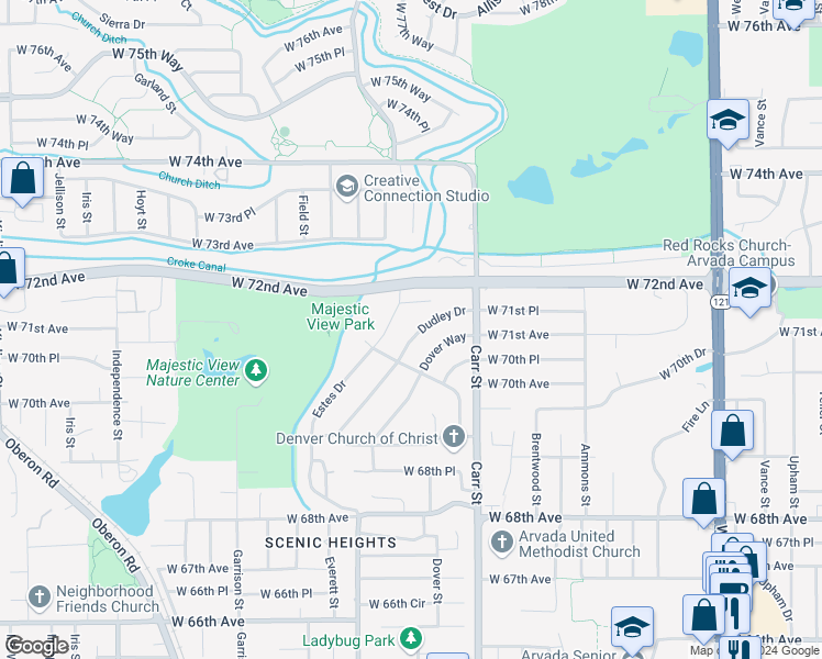 map of restaurants, bars, coffee shops, grocery stores, and more near 8604 West 71st Circle in Arvada