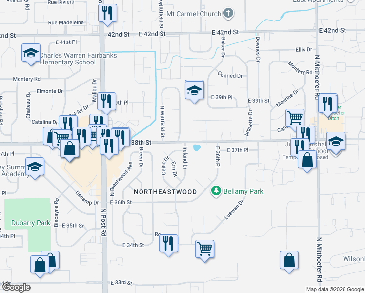 map of restaurants, bars, coffee shops, grocery stores, and more near 9405 Big Ben Circle in Indianapolis