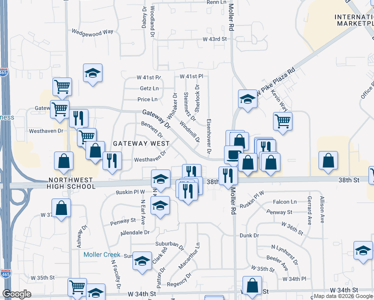 map of restaurants, bars, coffee shops, grocery stores, and more near 5726 Gateway Drive in Indianapolis