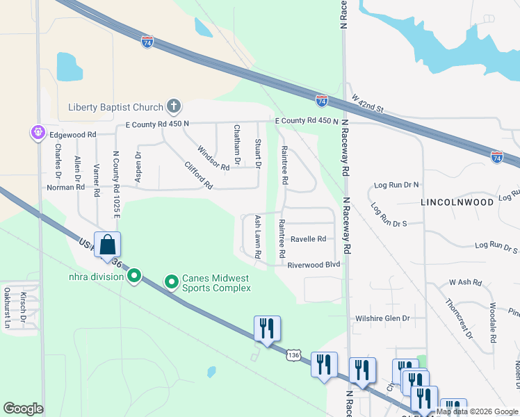map of restaurants, bars, coffee shops, grocery stores, and more near 4275 Stuart Drive in Brownsburg