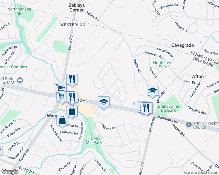 map of restaurants, bars, coffee shops, grocery stores, and more near 516 East Boxborough Drive in Wilmington