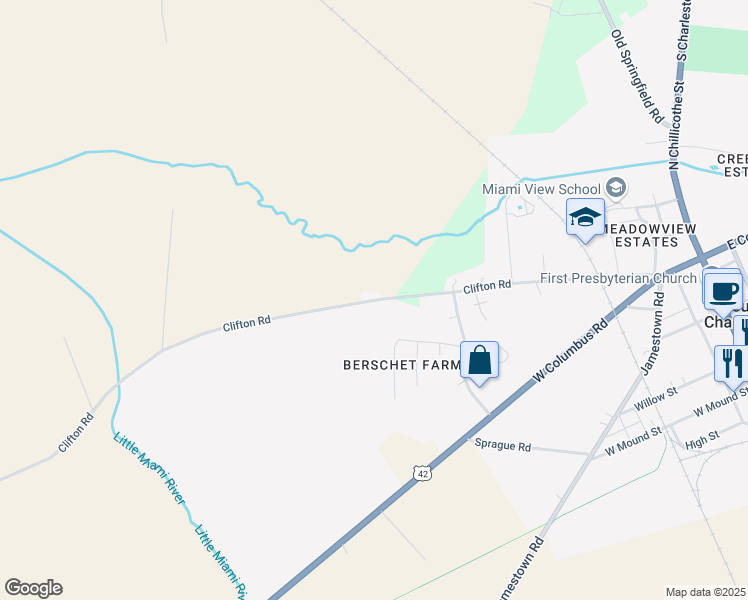 map of restaurants, bars, coffee shops, grocery stores, and more near Clifton Road in South Charleston