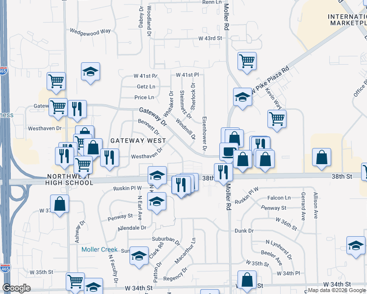 map of restaurants, bars, coffee shops, grocery stores, and more near 5726 Gateway Drive in Indianapolis