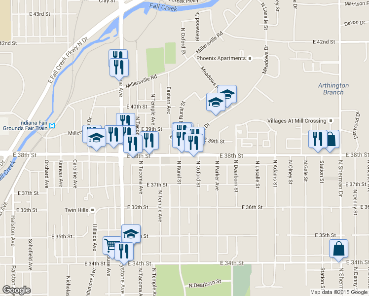 map of restaurants, bars, coffee shops, grocery stores, and more near 2810 East 38th Street in Indianapolis