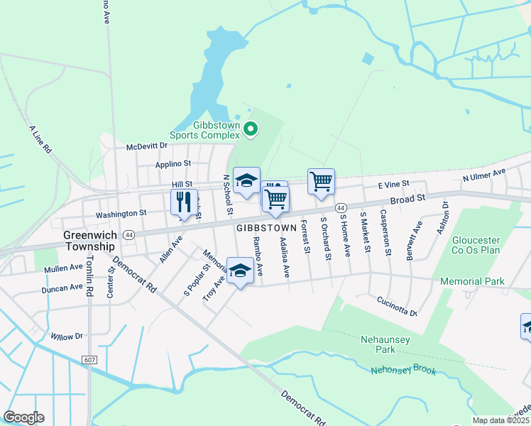 map of restaurants, bars, coffee shops, grocery stores, and more near 221 West Broad Street in Greenwich Township
