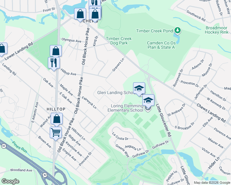 map of restaurants, bars, coffee shops, grocery stores, and more near 3 Oak Street in Camden County