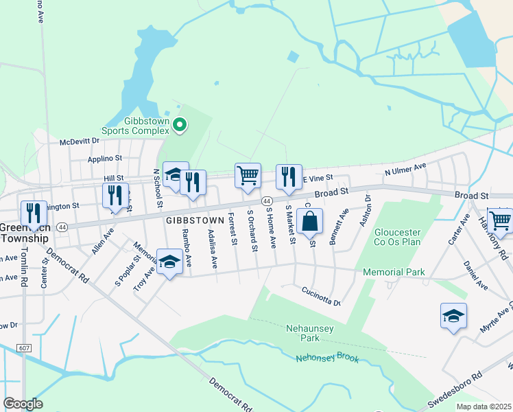 map of restaurants, bars, coffee shops, grocery stores, and more near 52 West Broad Street in Greenwich Township