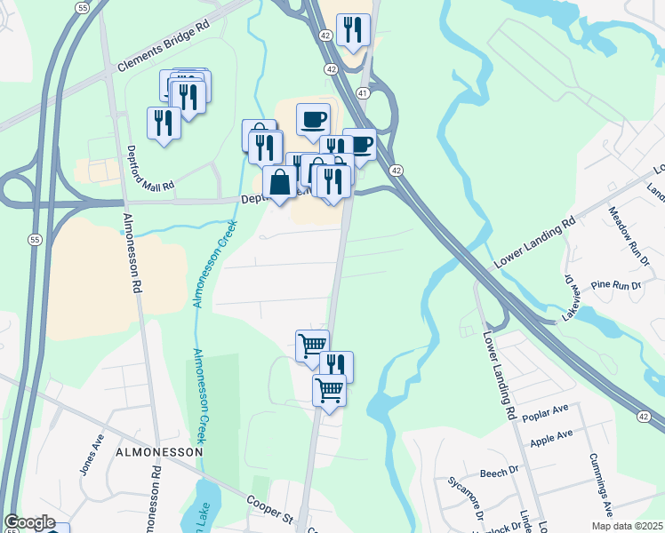 map of restaurants, bars, coffee shops, grocery stores, and more near 1262 Hurffville Road in Woodbury