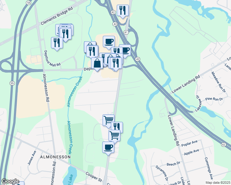map of restaurants, bars, coffee shops, grocery stores, and more near 1262 Hurffville Road in Woodbury
