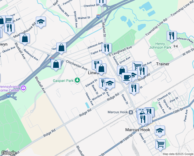 map of restaurants, bars, coffee shops, grocery stores, and more near 1568 Huddell Avenue in Linwood