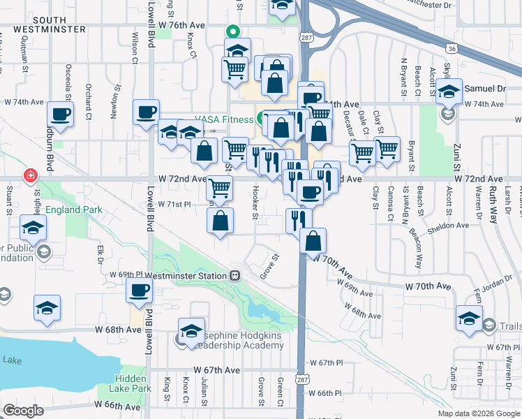 map of restaurants, bars, coffee shops, grocery stores, and more near 3065 Craft Way in Westminster