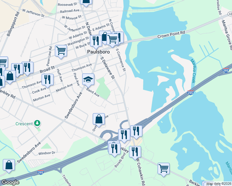 map of restaurants, bars, coffee shops, grocery stores, and more near 126 Gill Avenue in Paulsboro