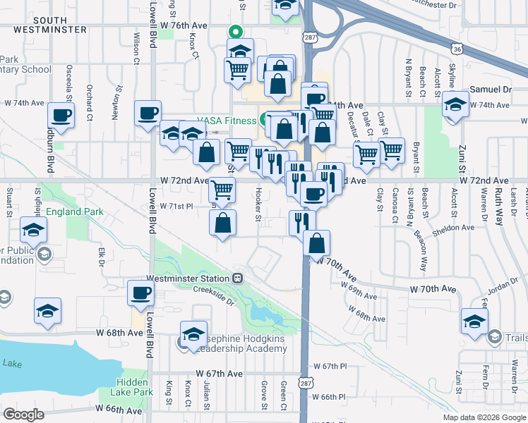 map of restaurants, bars, coffee shops, grocery stores, and more near 3065 Craft Way in Westminster