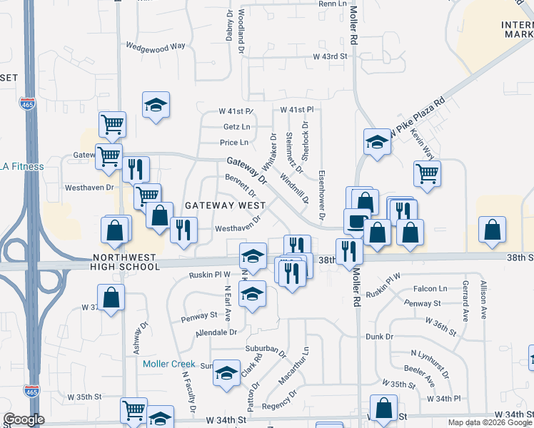 map of restaurants, bars, coffee shops, grocery stores, and more near 3907 Bennett Drive in Indianapolis