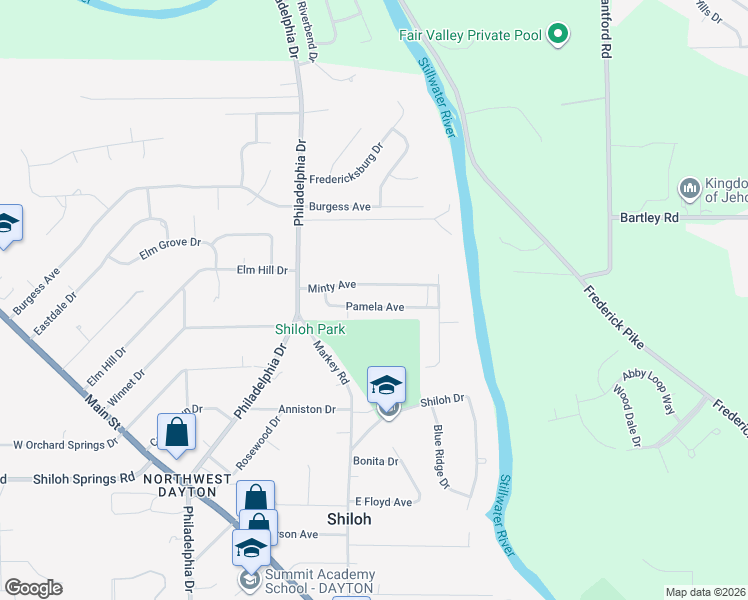 map of restaurants, bars, coffee shops, grocery stores, and more near 225 Pamela Avenue in Dayton