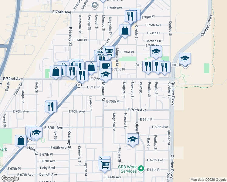 map of restaurants, bars, coffee shops, grocery stores, and more near in Commerce City