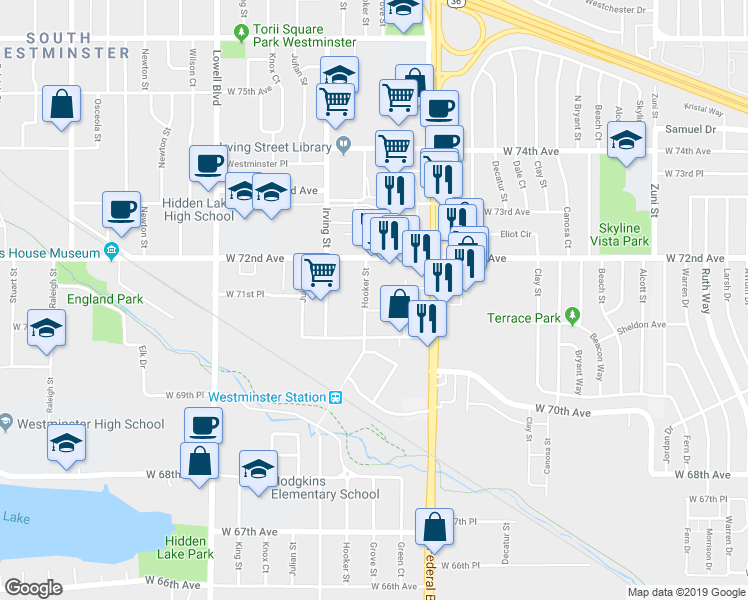 map of restaurants, bars, coffee shops, grocery stores, and more near 3065 Craft Way in Westminster