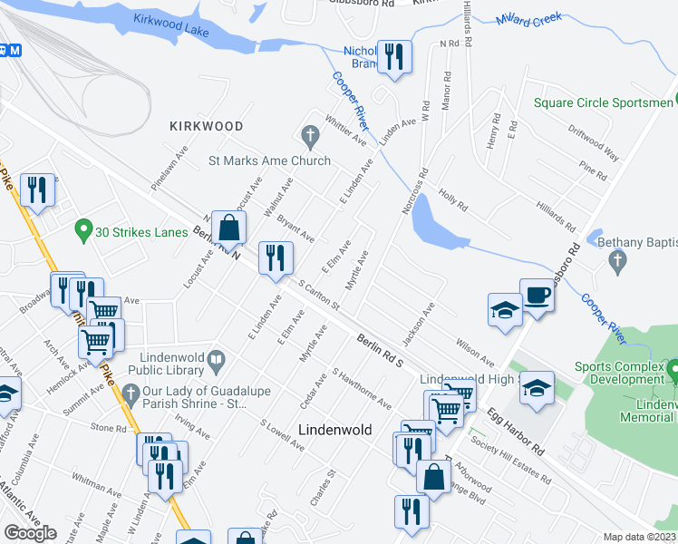 map of restaurants, bars, coffee shops, grocery stores, and more near 802 East Elm Avenue in Lindenwold