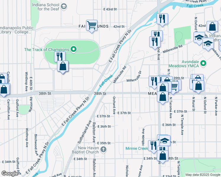 map of restaurants, bars, coffee shops, grocery stores, and more near 3090 Fall Creek Parkway Trail in Indianapolis