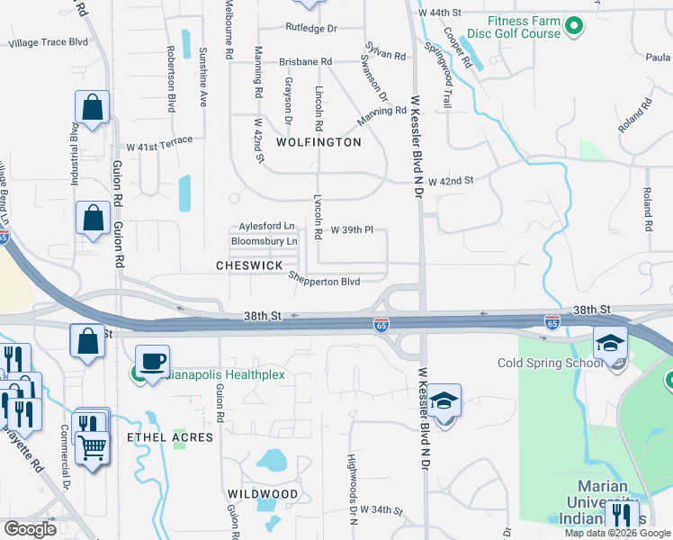 map of restaurants, bars, coffee shops, grocery stores, and more near 3250 West 39th Street in Indianapolis