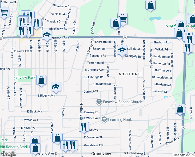 map of restaurants, bars, coffee shops, grocery stores, and more near 2456 East Griffiths Avenue in Springfield
