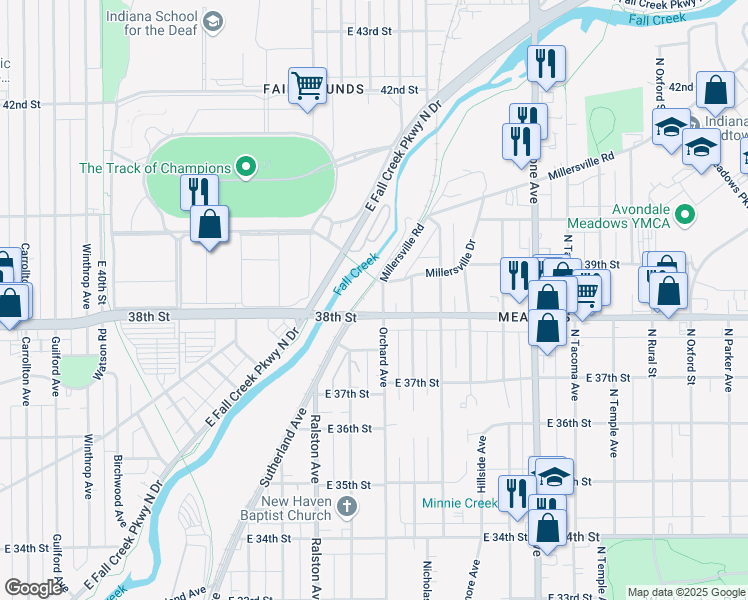 map of restaurants, bars, coffee shops, grocery stores, and more near 1720 East 38th Street in Indianapolis