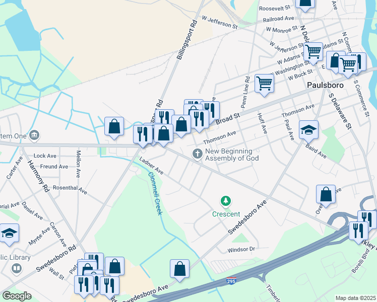 map of restaurants, bars, coffee shops, grocery stores, and more near 221 Berkley Road in Paulsboro