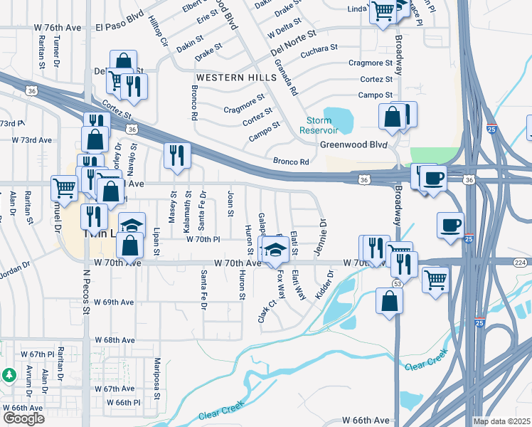 map of restaurants, bars, coffee shops, grocery stores, and more near 7150 Galapago Street in Denver