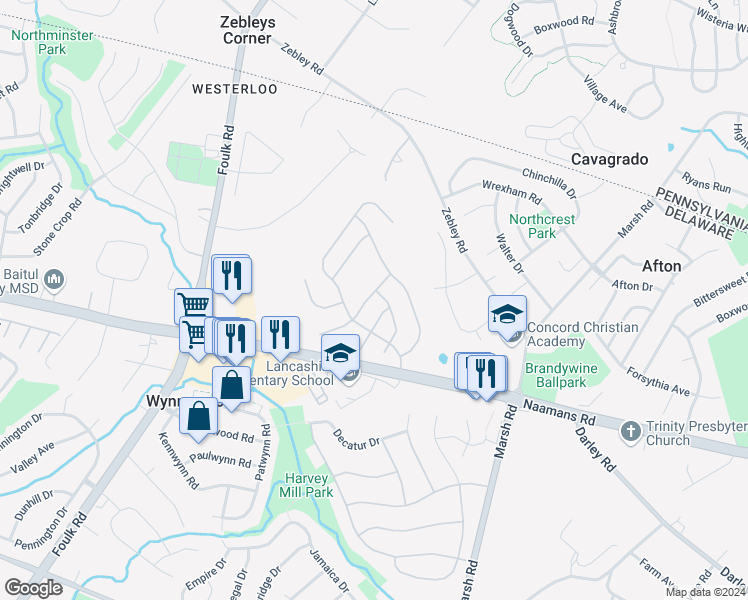 map of restaurants, bars, coffee shops, grocery stores, and more near 525 East Boxborough Drive in Wilmington