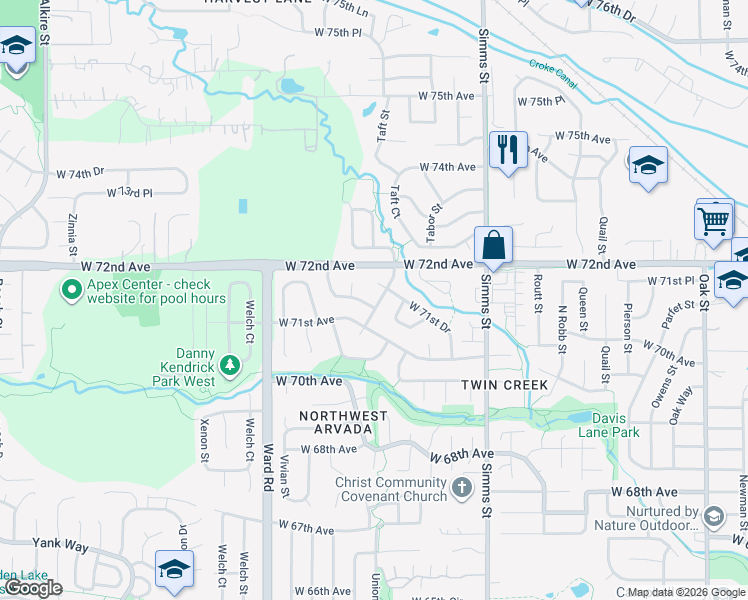 map of restaurants, bars, coffee shops, grocery stores, and more near 7135 Union Street in Arvada