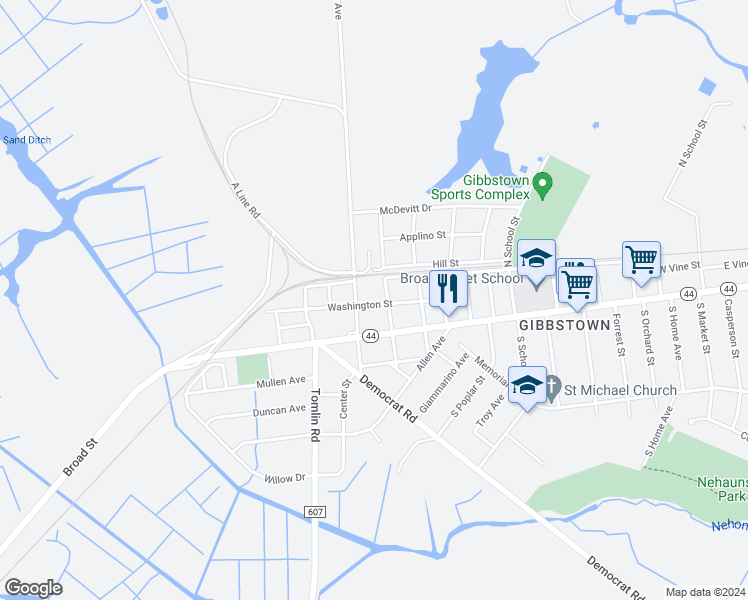 map of restaurants, bars, coffee shops, grocery stores, and more near 515 Washington Street in Greenwich Township