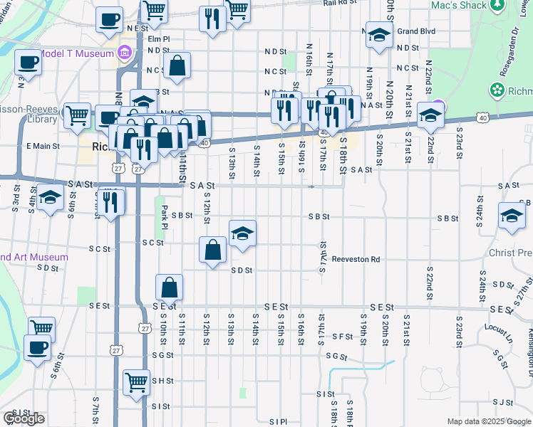 map of restaurants, bars, coffee shops, grocery stores, and more near 120 South 15th Street in Richmond