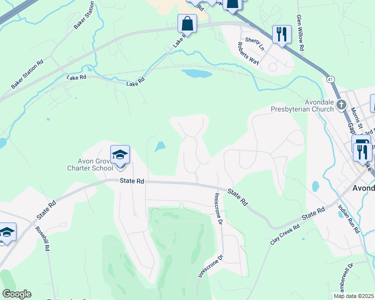 map of restaurants, bars, coffee shops, grocery stores, and more near Cardinal Court in Chester County