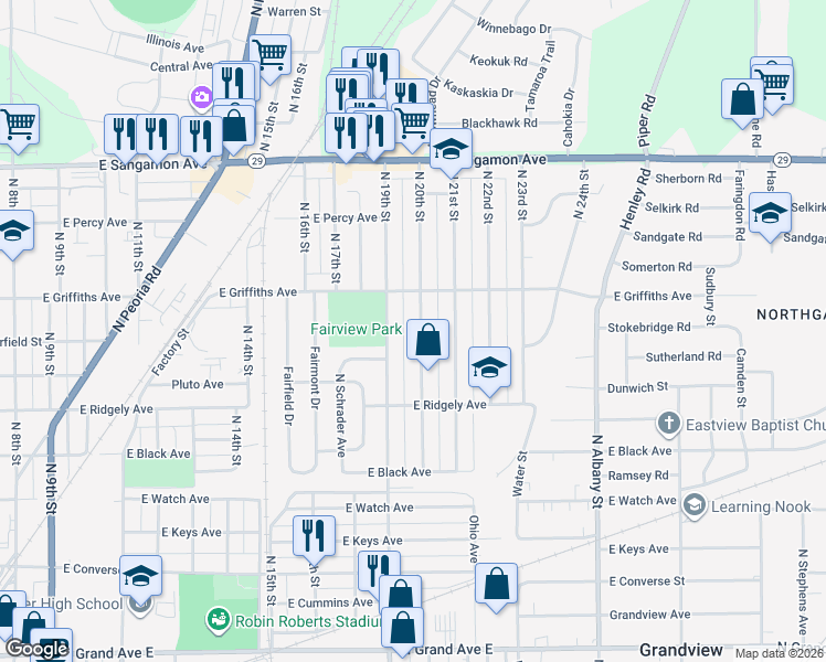 map of restaurants, bars, coffee shops, grocery stores, and more near 1833 North 20th Street in Springfield