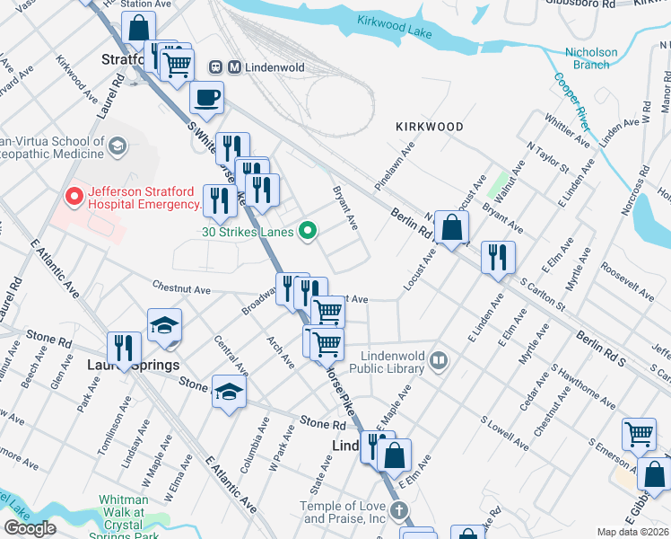 map of restaurants, bars, coffee shops, grocery stores, and more near 120 Suburban Terrace in Stratford