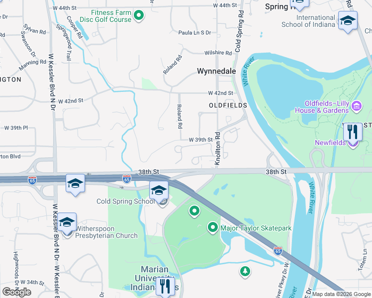 map of restaurants, bars, coffee shops, grocery stores, and more near 2224 Rome Drive in Indianapolis