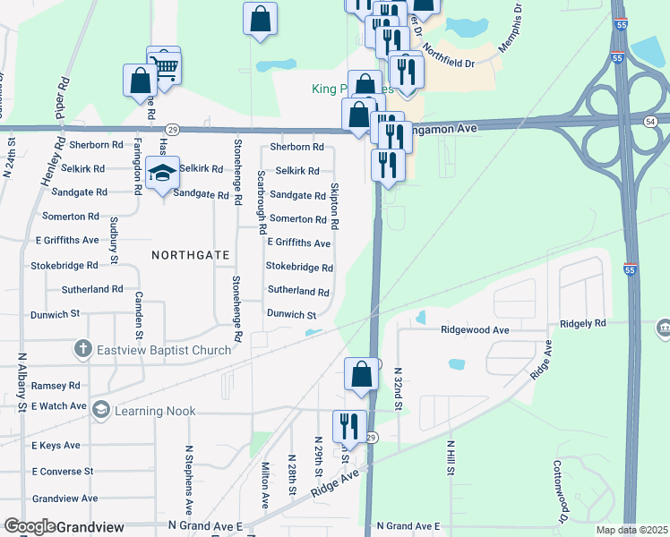 map of restaurants, bars, coffee shops, grocery stores, and more near 1925 Skipton Road in Springfield