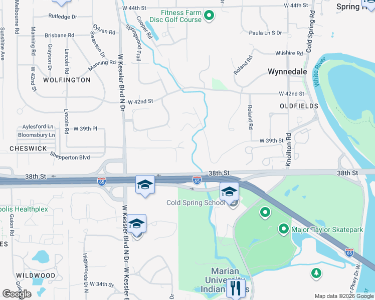 map of restaurants, bars, coffee shops, grocery stores, and more near 3919 Cooper Lane in Indianapolis